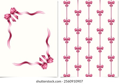 Pink ribbon bows card and pattern for Valentine's Day, Mother's Day. Vector for wedding invitations, greeting cards, sales promotion templates, posters.