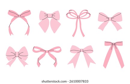 Pink ribbon bows collection. Decorative hand drawn set. Vector illustration isolated.