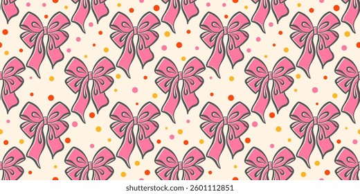 Pink ribbon bows seamless pattern with cute trendy knots. Vector vintage girly background for holidays and party decoration. Flirtatious satin hair accessories with confetti
