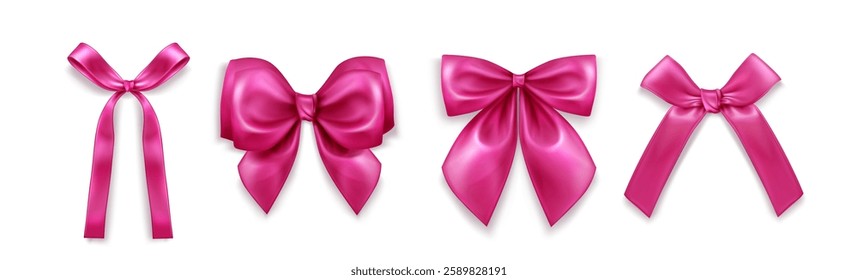 Pink ribbon bows set isolated on white background. Vector realistic illustration of coquette girly hair accessory, decoration for romantic gift box, vintage wedding or birthday card design element