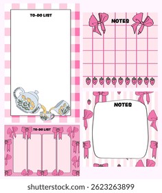 pink ribbon bows and strawberry-themed notepad and memo pad template set.