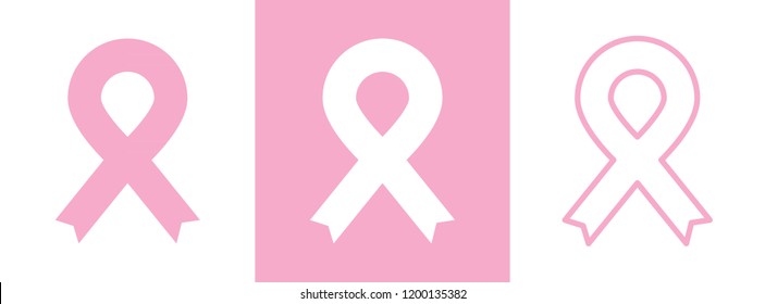 Pink ribbon. Breast cancer awareness. Three styles. Vector illustration, flat design