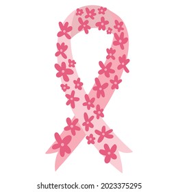 Pink ribbon - breast cancer awareness symbol emblem silhouette decorated with hand drawn bright simple flowers. Cancer oncology survivor, never give up, hope concept. Vector illustration isolated.