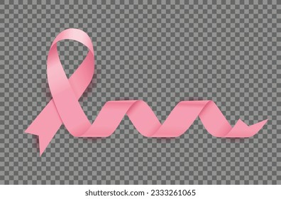 Pink ribbon for Breast Cancer Awareness Month October. Curly pink ribbon on transparent background with. Vector illustration.