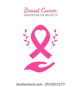 pink ribbon breast cancer awareness graphic design template with loving hands or caring hands concept post design pink ribbon with heart and leaves illustration for breast cancer awareness month