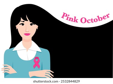 Pink Ribbon - Breast Cancer Awareness Month - Beautiful Girl with Long Dark Hair and Crossed Arms on White Background - Vector eps Illustration