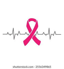 Pink Ribbon Breast Cancer Awareness with Heartbeat Line Design