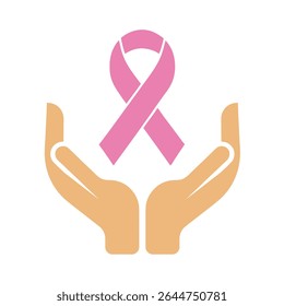 Pink Ribbon Breast Cancer Awareness Symbol Held in Two Beige Hands Support Care Hope