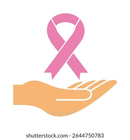 Pink Ribbon Breast Cancer Awareness Symbol on an Open Palm Light Orange Hand Simple Flat Icon Design