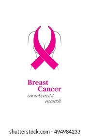 Pink ribbon, breast cancer awareness concept. A4. Woman silhouette with pink ribbon.