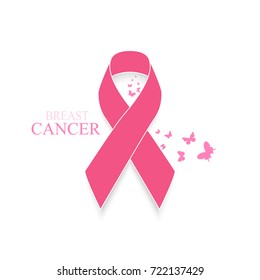 Pink Ribbon. Breast Cancer Awareness with Butterfly. Vector background