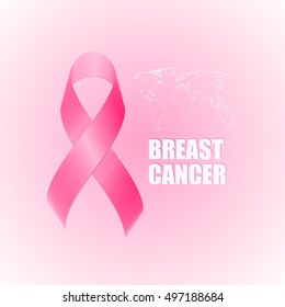 Pink ribbon of breast cancer day on light background with globe symbol and text