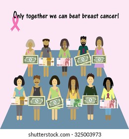 Pink Ribbon Breast Cancer. Money for the diagnosis and treatment of breast cancer. Charity. People donate money. Vector illustration on isolated background.