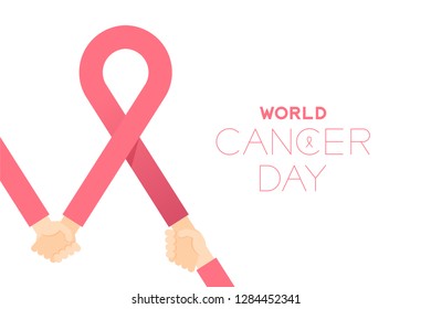 Pink ribbon breast cancer sign with Holding hands, World cancer day concept layout poster template design illustration isolated on white background with copy space