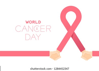 Pink ribbon breast cancer sign with Holding hands, World cancer day concept layout poster template design illustration isolated on white background with copy space