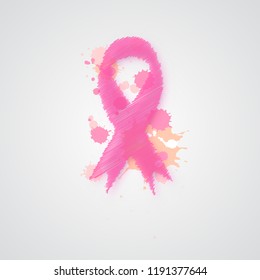 Pink Ribbon. Breast cancer. Pink ribbon symbol of breast cancer awareness on white background with watercolor drops.