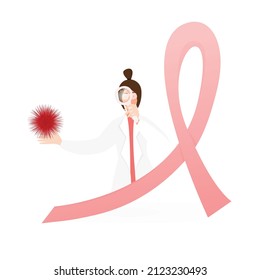 Pink ribbon and Breast cancer. A woman is a mammologist with a magnifying glass in her hand and a tumor.Examination in the clinic, medical diagnostics of oncology. Vector illustration in a flat style