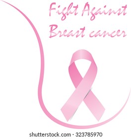 Pink ribbon with breast outline and phrase " fight against breast cancer"
