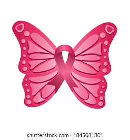 cinta rosa con mariposa estilo silueta de cáncer de mama icono ilustración vectorial