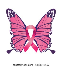 pink ribbon with butterflie breast cancer silhouette style icon vector illustration design