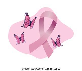 pink ribbon and butterflies flying breast cancer vector illustration design