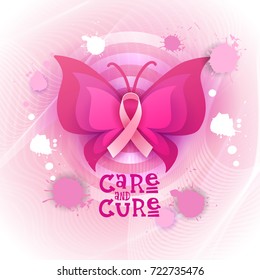 Pink Ribbon Butterfly Breast Cancer Awareness Banner Flat Vector Illustration