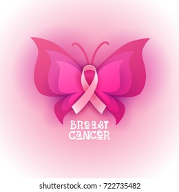 Pink Ribbon Butterfly Breast Cancer Awareness Banner Flat Vector Illustration