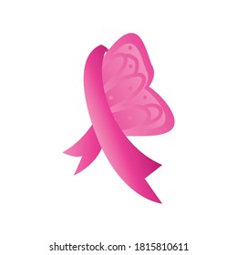 pink ribbon butterfly shaped, badge, breast cancer awareness vector illustration design