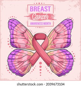 Pink ribbon with butterfly wings Breast Cancer awareness month concept Women health care support