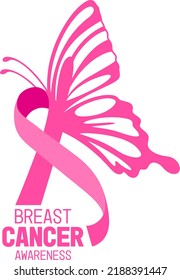 Pink ribbon with butterfly wings. Breast cancer awareness concept. Vector illustration