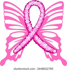 Pink ribbon with butterfly wings. Breast cancer awareness concept. Vector illustration
