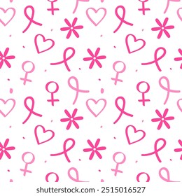 pink ribbon cancer awareness seamless pattern or background design. female, love, heart, pink ribbon, flower, cancer awareness pink background design. Breast Cancer Awareness Month vector graphic