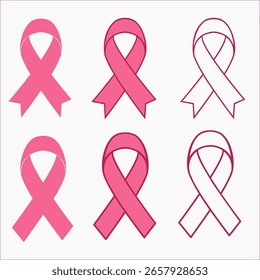 Conjunto de Vector de Clipart de cinta rosa. Paquete de moda para la concienciación sobre el cáncer de mama, Diseños femeninos y campañas de Asistencia