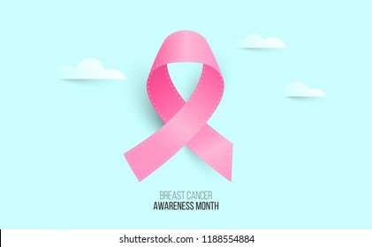 Pink ribbon in the clouds. breast cancer awareness month banner design. creative 3D style vector illustration. place for text.