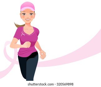 Pink ribbon concept - running woman with pink ribbon in the background