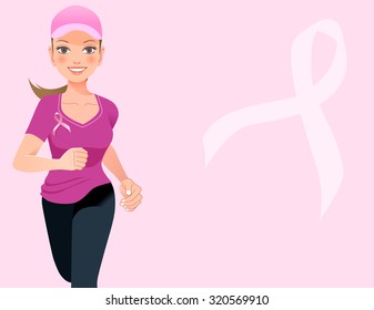 Pink ribbon concept - running woman with pink ribbon in the pink background