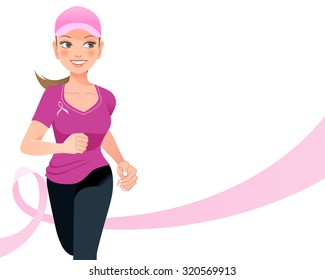 Pink ribbon concept - running woman with pink ribbon in the background