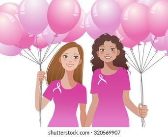 Pink ribbon concept - woman holding pink balloons against white background