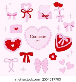 Pink Ribbon Coquette aesthetic hand drawn valentine's day illustration set