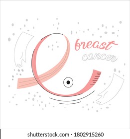 Pink ribbon curve in the shape of a breast. Breast cancer awareness symbol. Vector icon illustration. Closeup of pink badge ribbon on woman chest to support breast cancer cause. Healthcare, medicine