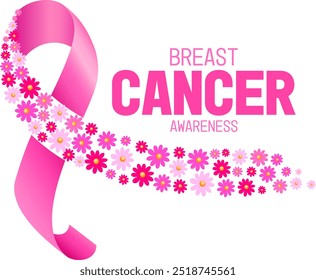 Pink ribbon design with flower.  Breast cancer awareness month campaign. Vector illustration.