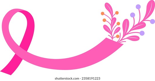 Pink ribbon design with flowers. Breast cancer awareness month. Design for poster, banner, t-shirt. Vector illustration.