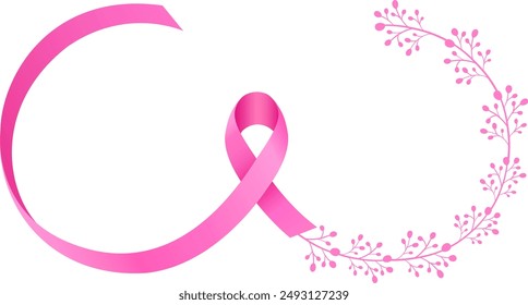 Pink ribbon design with flowers. Breast cancer awareness month. Vector illustration.