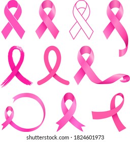 Pink ribbon design set. Breast Cancer Awareness Month. Illustration. 