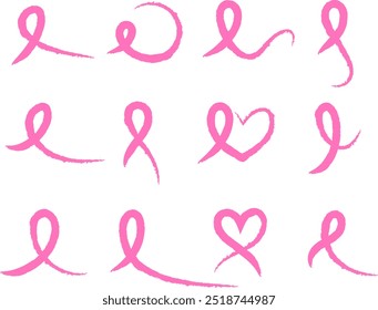 Pink ribbon design set. Line art brush style. Breast Cancer Awareness Month. Vector illustration. 