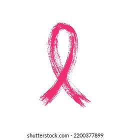 Pink Ribbon Drawn By Hand With Rough Brush. Breast Cancer Awareness Symbol. Paint, Sketch, Graffiti.