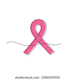 Cinta rosa dibujada en una línea continua. Mes nacional de sensibilización sobre el cáncer de mama. Dibujo de una línea, minimalismo. Ilustración vectorial.