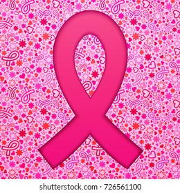 Pink ribbon embossing effect on cute background, Breast cancer awareness month concept design, vector illustration