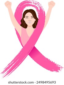 Cinta rosa con una mujer luchadora. Mes de concienciación sobre el cáncer de mama. Diseño para cartel, Anuncio, camiseta. Ilustración.