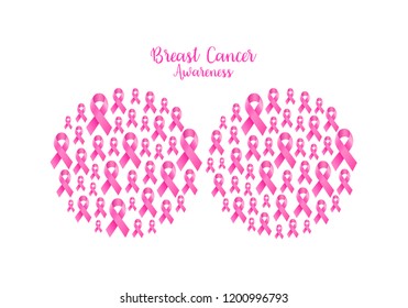 Pink ribbon fill in breast shape. Breast Cancer Awareness Month Campaign. Icon design. Vector illustration isolated on white background.